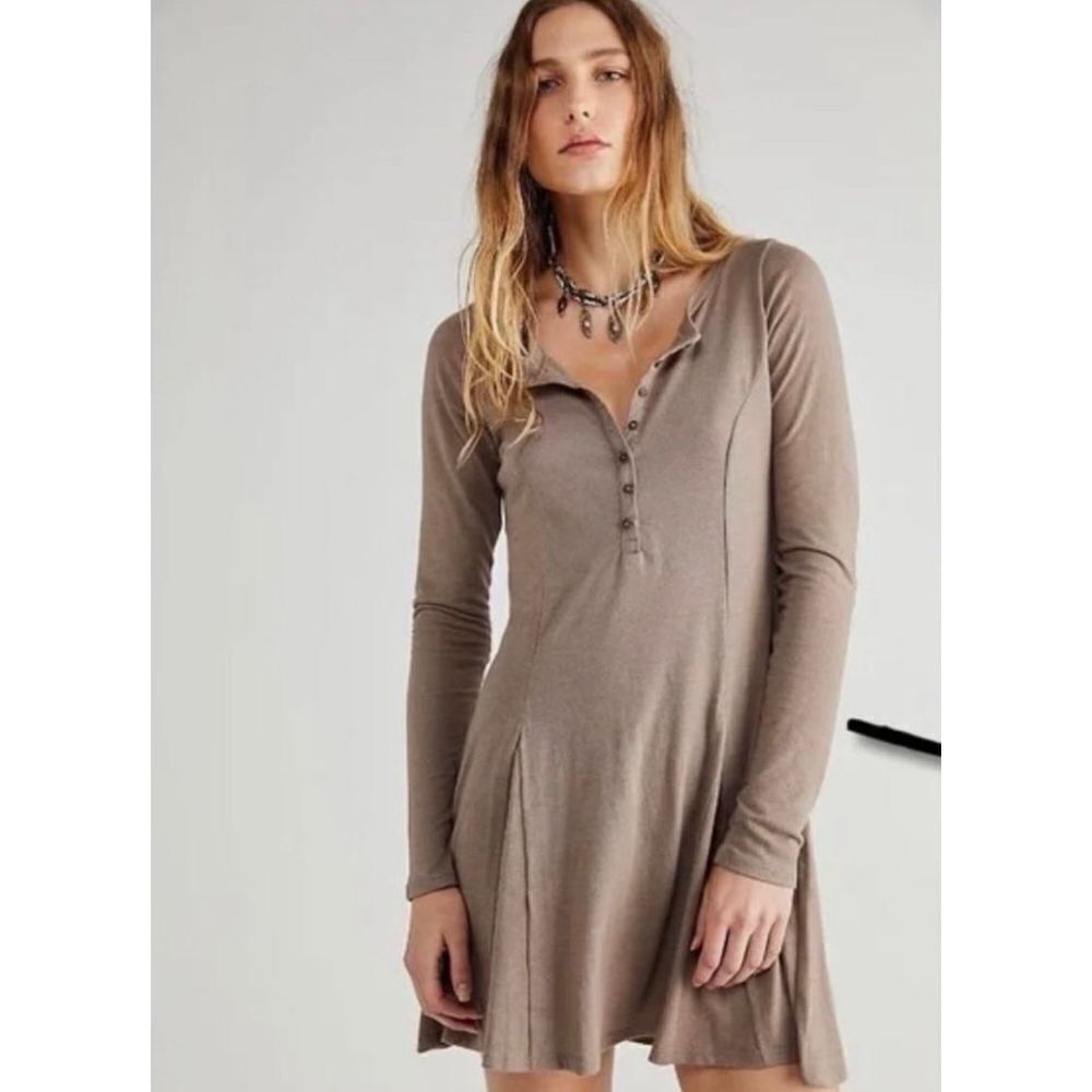 Free People Taupe Long Sleeve Henley Mini Dress
